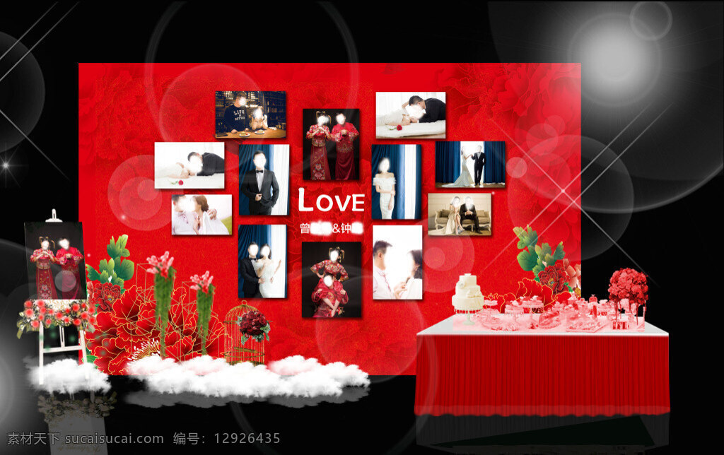 中式 红色 婚礼 迎宾 区 中式婚礼 大红色婚礼 相片墙 甜品区 迎宾区 合影区 psd分层 效果图