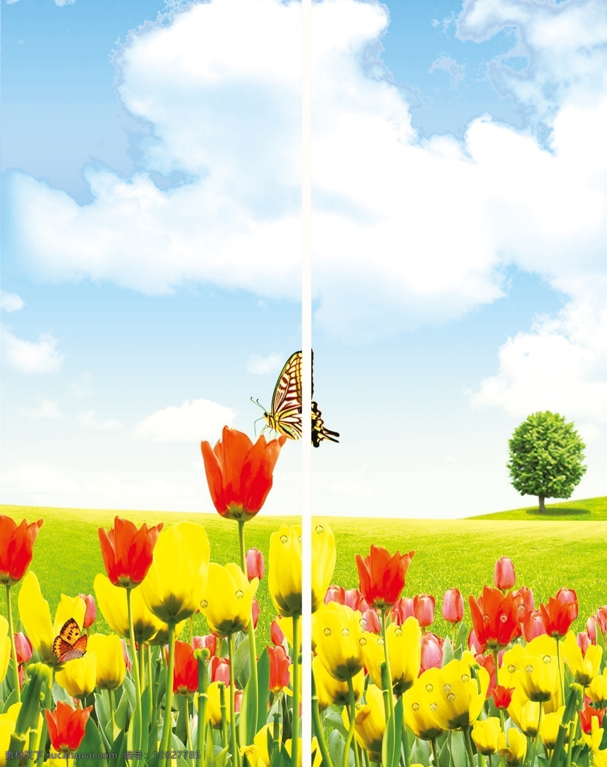 白云 玻璃移门 广告设计模板 蝴蝶 浪漫 美丽 树 天空 灿烂的花朵 花儿朵朵 移门图形 移门图案 源文件