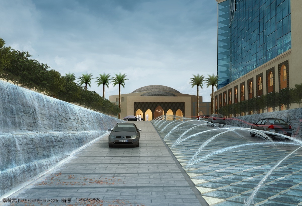 商业区 喷泉 景观设计 汽车 人物 树木 房屋 建筑物 蓝色天空 环境设计