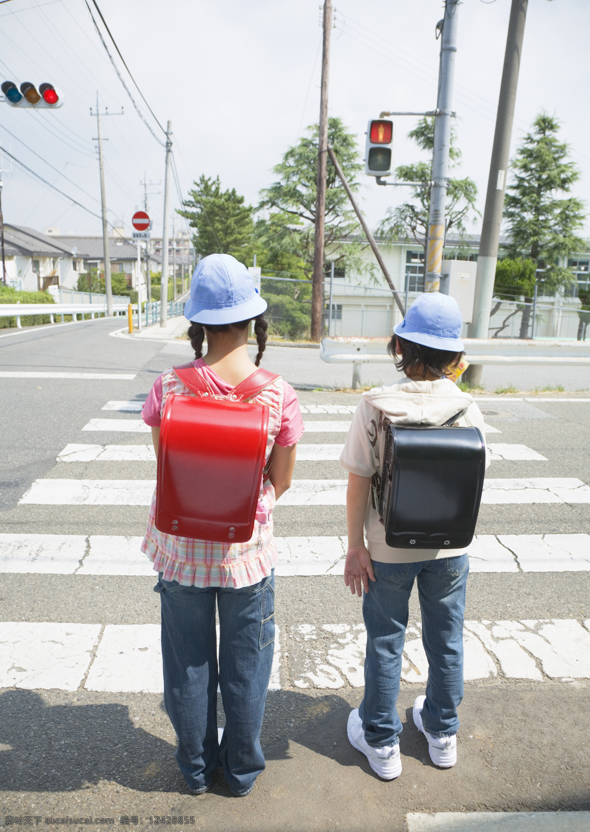 斑马线 上 小女孩 快乐儿童 人行道 上学 书包 小学 孩子 学生 同学 学校 校园 教学 教育 高清图片 生活人物 人物图片