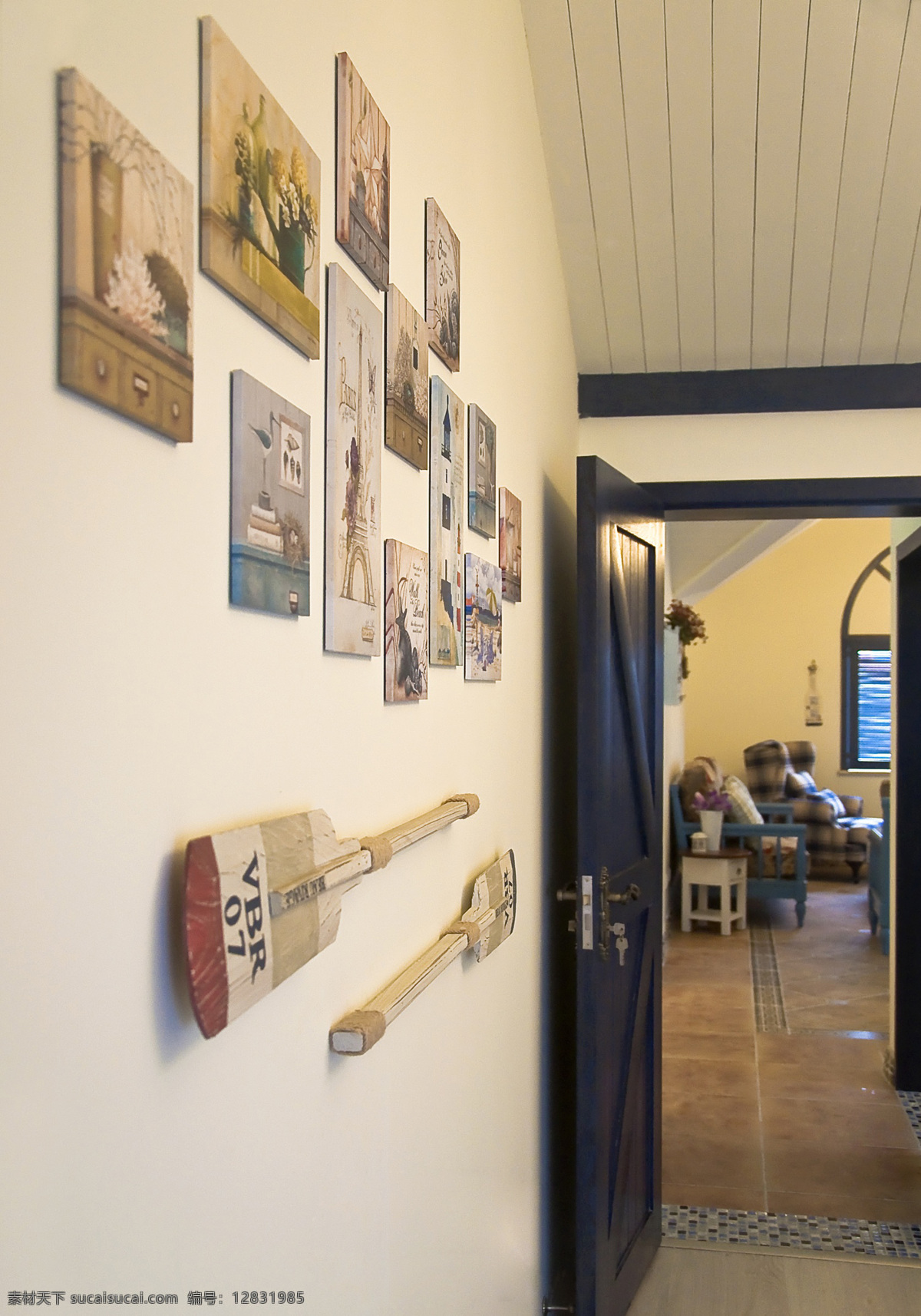 田园 风格 客厅 照片 墙 室内装修 效果图 照片墙 客厅装修 瓷砖地板 船桨装饰