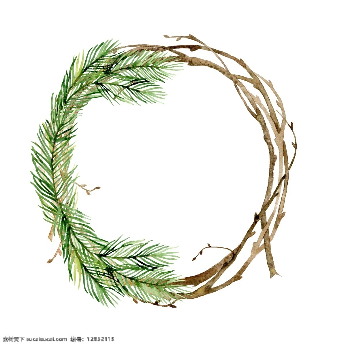 手绘 绿色 树枝 圆环 源文件 圆形 叶子 植物 森林 搭配 装饰图案