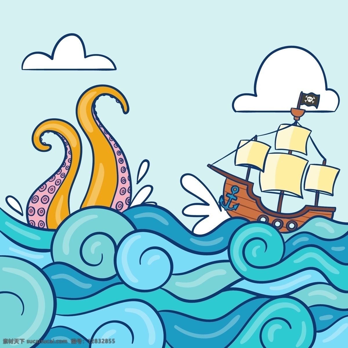 卡通 大海 里 行驶 帆船 插画 白云