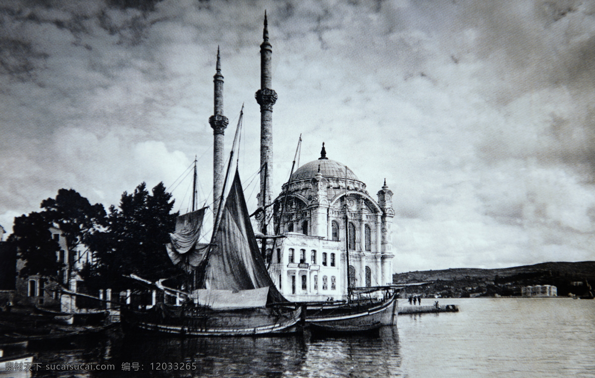 黑白 清真寺 海面 风景 土耳其风景 伊斯坦布尔 游船 游艇 蓝色清真寺 建筑风景 城市风景 美丽风景 其他风光 自然景观 城市风光 环境家居 黑色