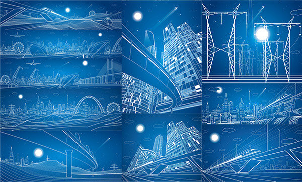 线条 建筑设计 矢量 列车 高铁 电力铁塔 光芒 大桥 城市 建筑 蓝色