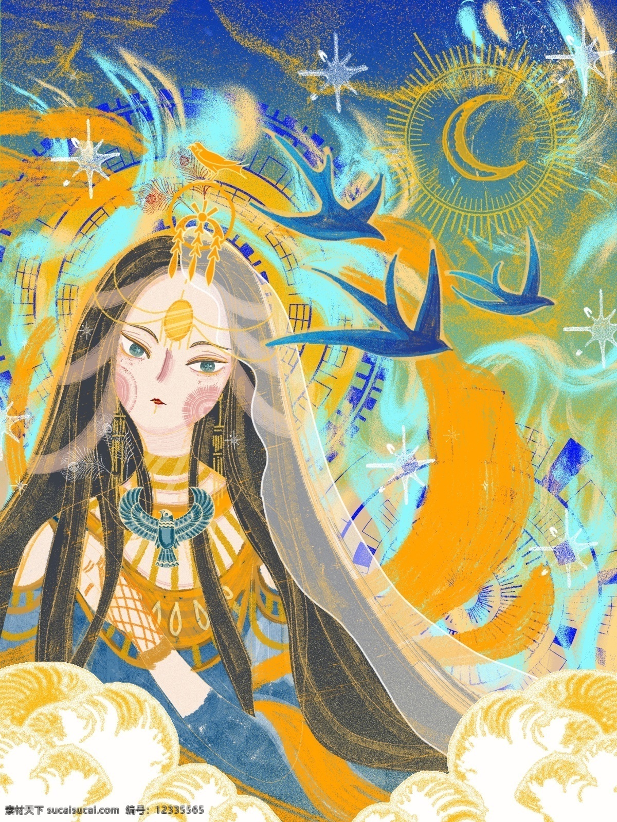 复古 大气 传统 色调 神话 少女 飞鸟 鸟 女孩 唯美 艳丽 民族 故事 传说 埃及
