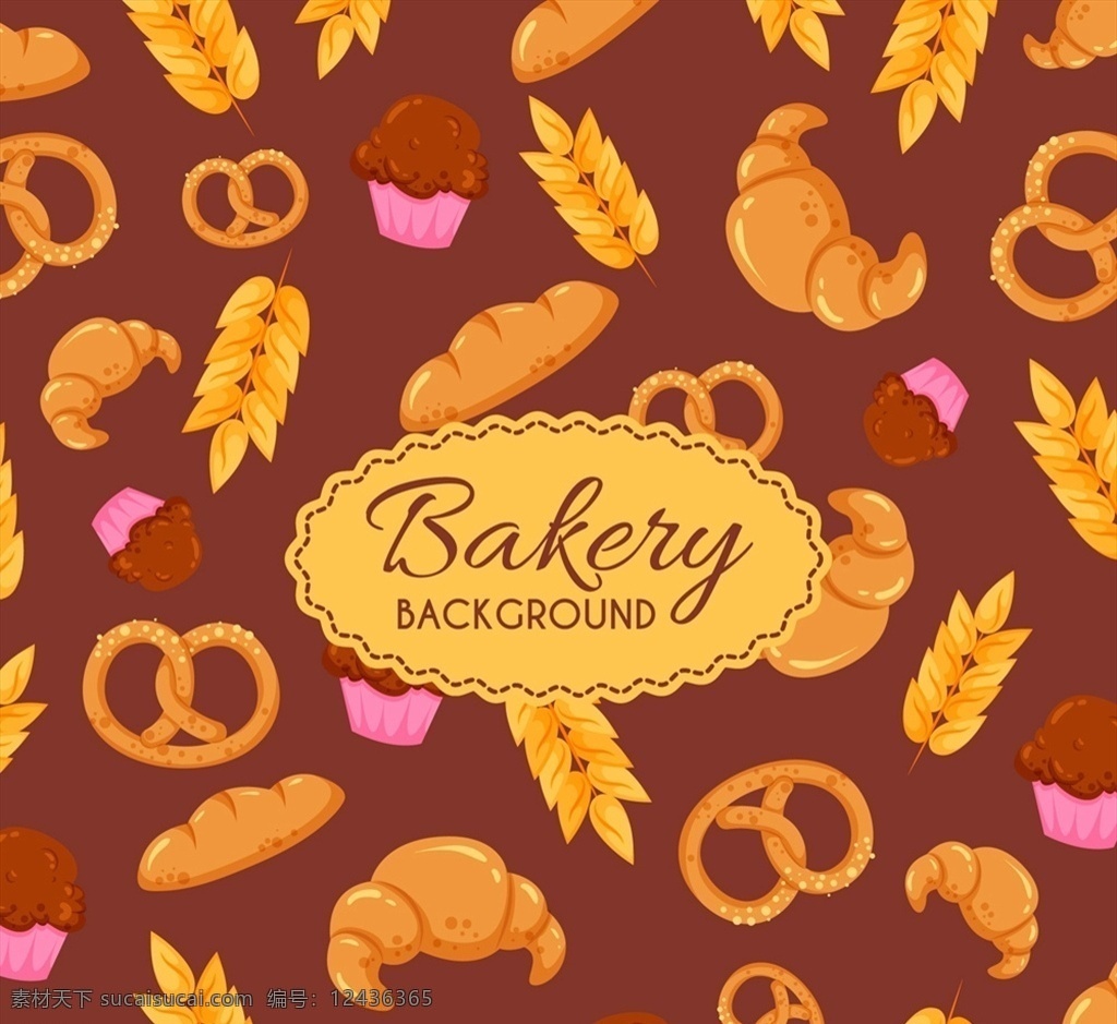 面包 无缝 背景图片 小麦 纸杯蛋糕 牛角面包 蝴蝶脆饼 法式面包 创意 矢量 高清图片