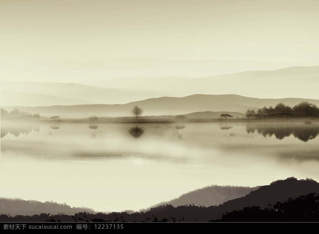 山水风景 山 河流 树木 水墨 水墨画 雾气 远山 古典风景 水墨风景 分层 风景 源文件库