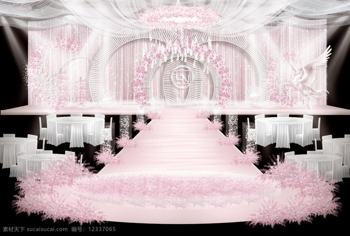 粉白色 铁艺 主 舞台 婚礼 效果图 粉色 白色 弧形铁艺 泡雕马 玻璃仪式区 唯美 浪漫