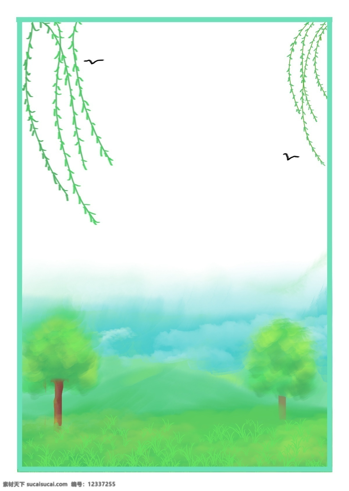清明节 柳树 绿色 边框 春天 燕子 柳条 小树 小草 自然景色 蓝天 海报 春风 青山