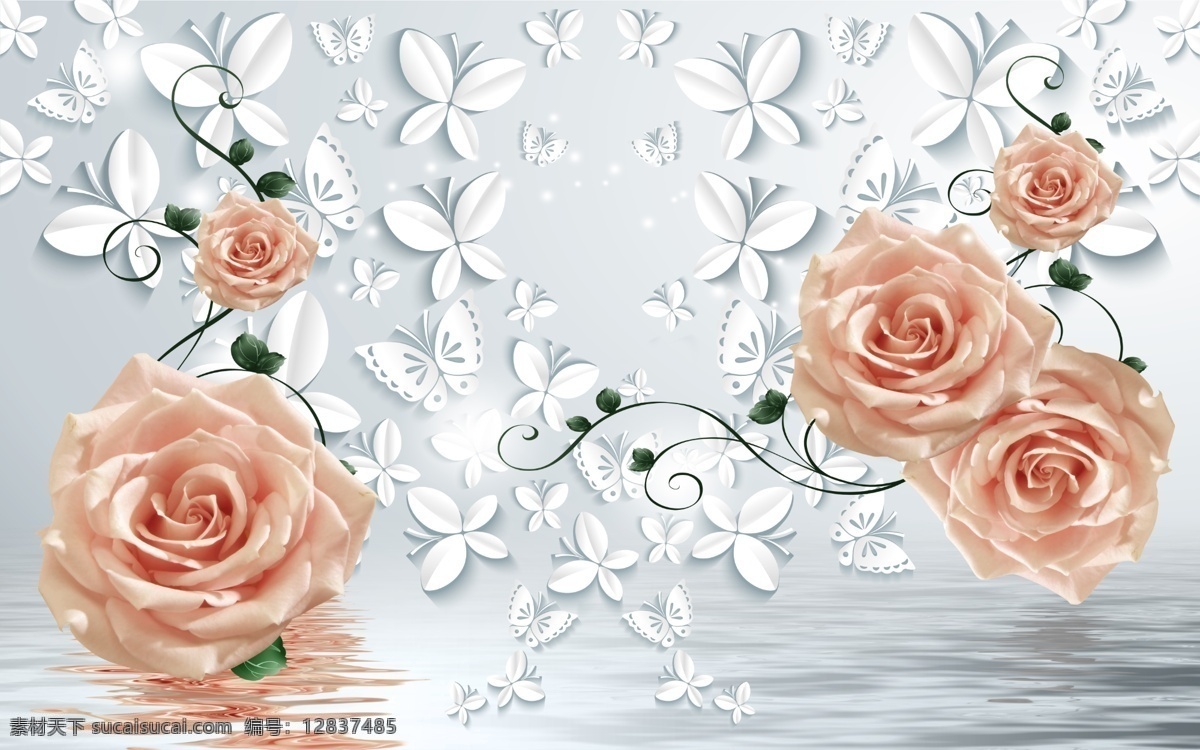 3d 蝴蝶 玫瑰 背景 墙 花朵 水波纹 倒影 温馨 背景墙