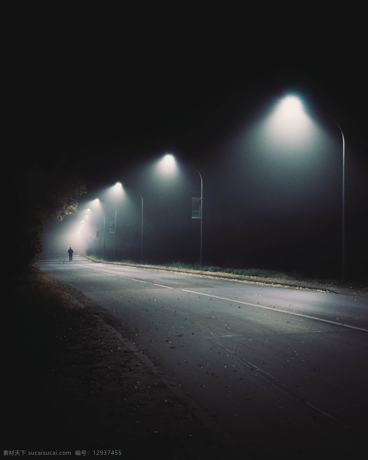 道路 夜晚 路灯 黑白 背景 背景素材