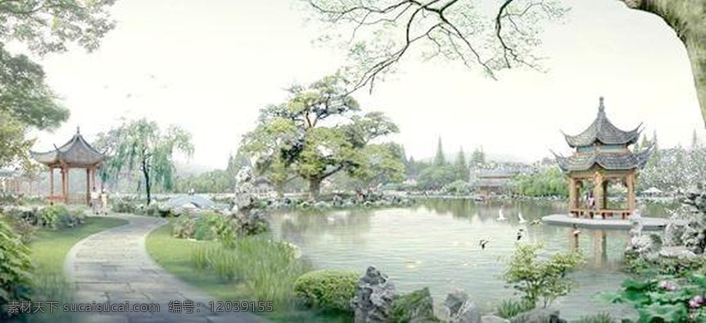 古典 园林 效果图 分层 苏州 风景 柳树