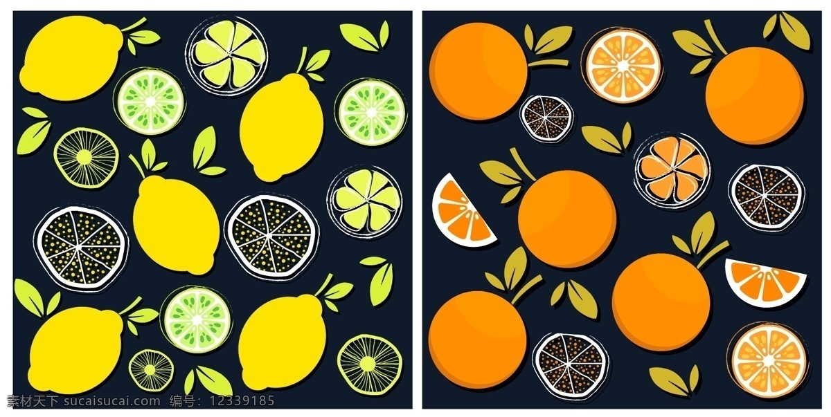 2款彩色水果 无缝背景 矢量素材 柠檬 橙子 叶子 彩色 水果 矢量图 ai格式 背景