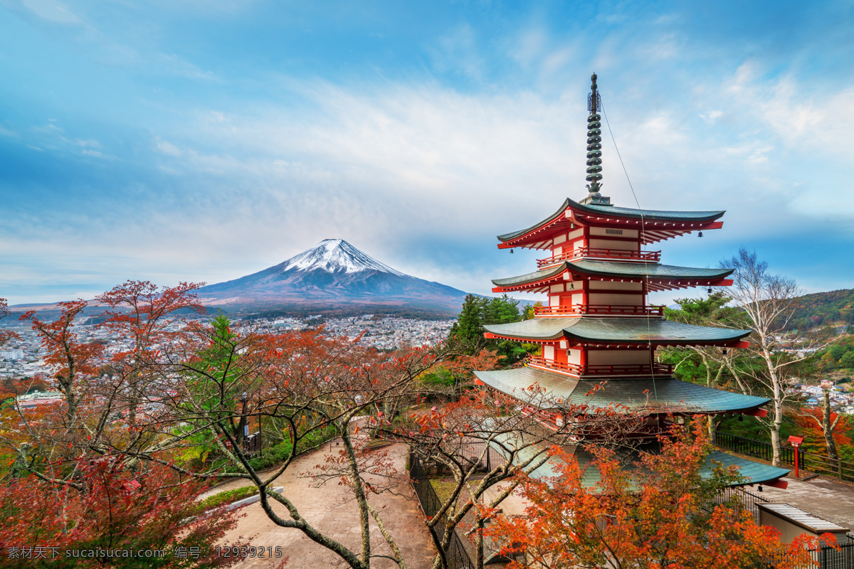 富士 山前 园林 风景图片 富士山前 建筑 树林树木 远山 建筑园林 自然景观 风景名胜