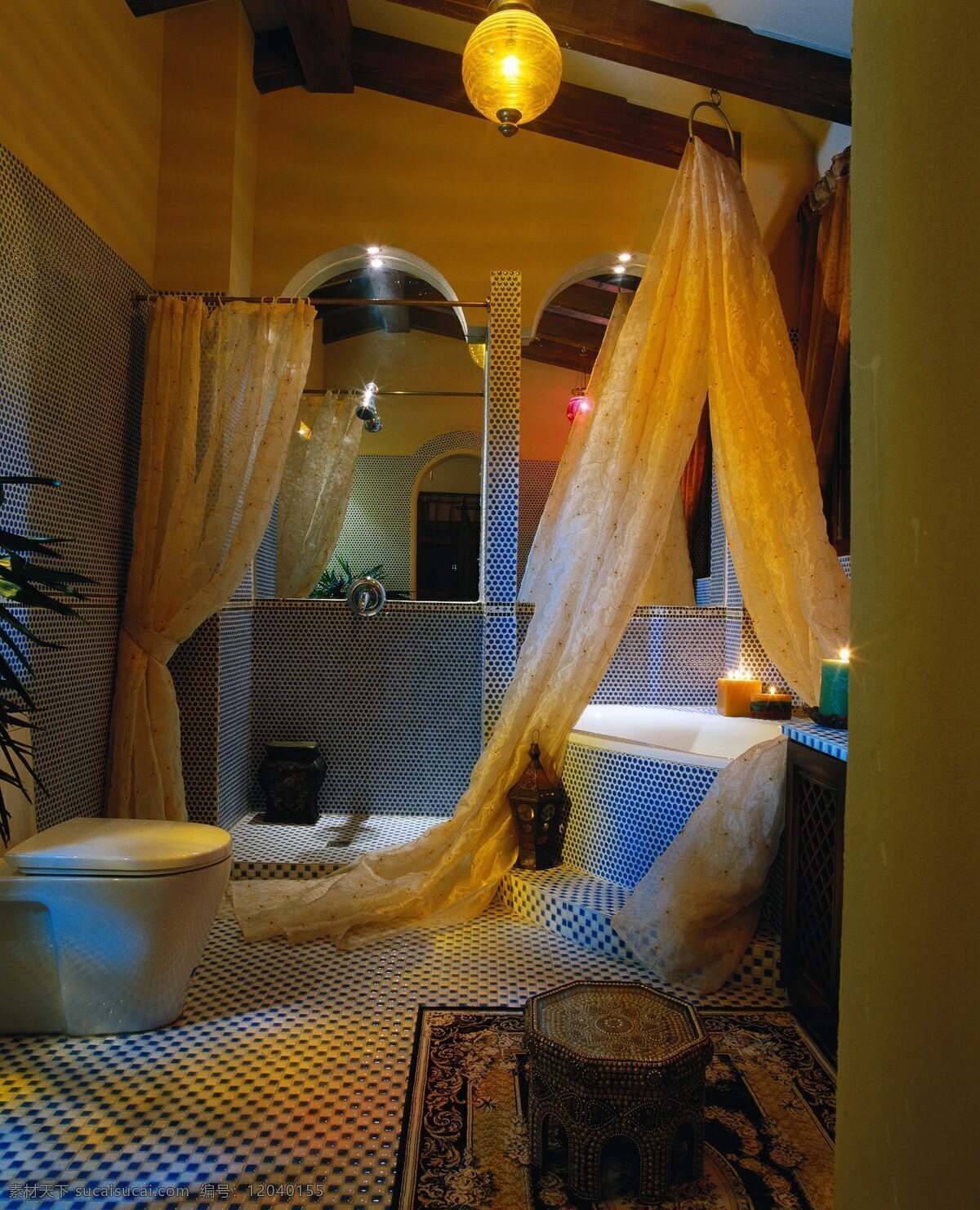 现代 浪漫 浴室 圆形 橘 色 吊灯 室内装修 效果图 浴室装修 条纹地板 花纹地毯 黄色背景墙