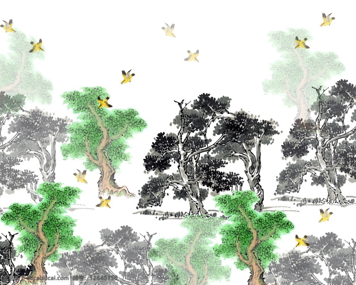 中国 风 手绘 树林 小鸟 背景 中国风 手绘树林小鸟 水墨画树木