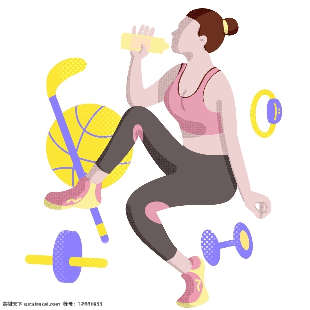喝水 运动 女孩 插画 黄色的水瓶 喝水的女孩 健身器材 锻炼身体 黄色篮球 哑铃 高尔夫