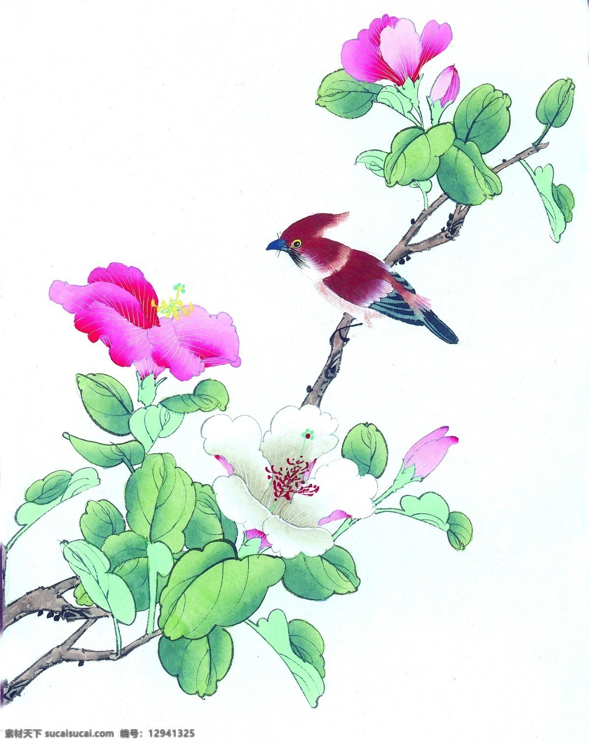 枝头 鸟 壁画 花朵 树枝 文化艺术 小鸟