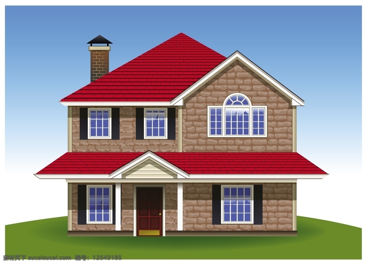 漂亮 的卡 通 别墅 天空 草地 蓝天 房子红色房子 白色