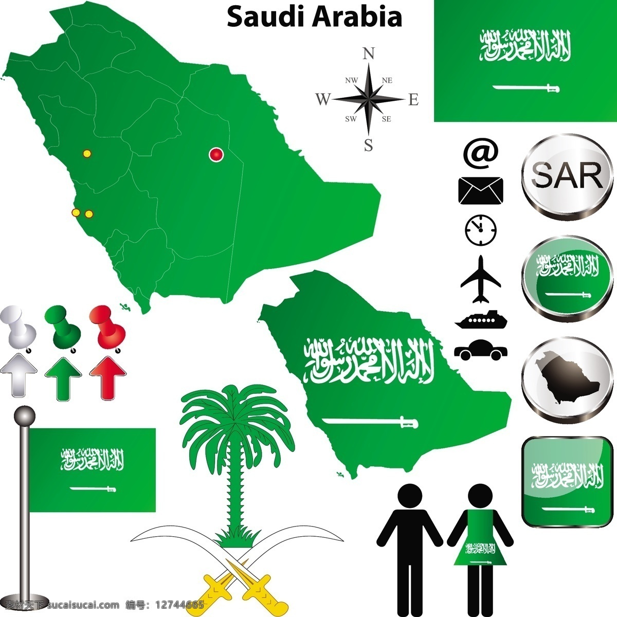 不同 国家 国旗 地图 符号 矢量图 旗 旗帜 沙特 阿拉伯 沙特阿拉伯 其他矢量图