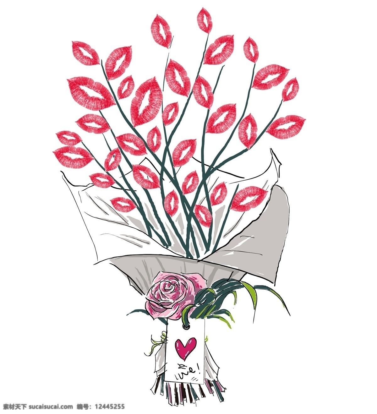 爱情 插画 插图 创意 创作 唇 唇印 花 花束 唇花 节日 情人节 教师节 节日素材 矢量 矢量图 手绘 绘画 艺术 美丽 线条 嘴唇 礼品 礼物 装饰 插画集