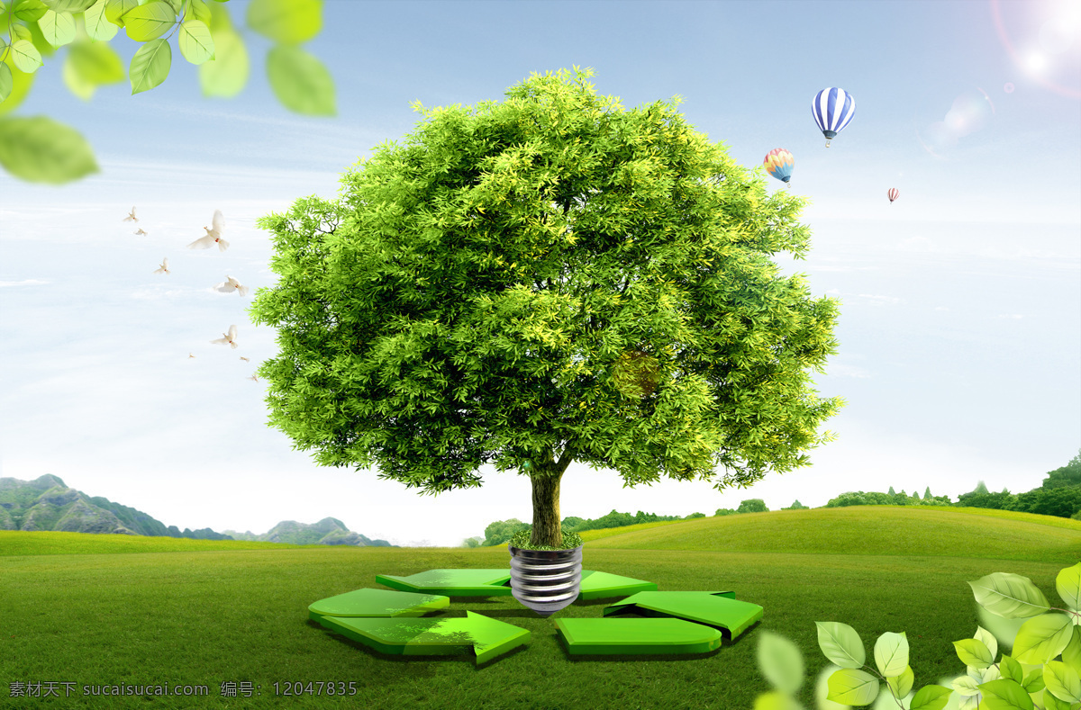 绿色环保 背景 素材图片 大树 图标 草地 树叶 天空 气球 底纹背景 创意图片 图片背景 环保图片 风景图片