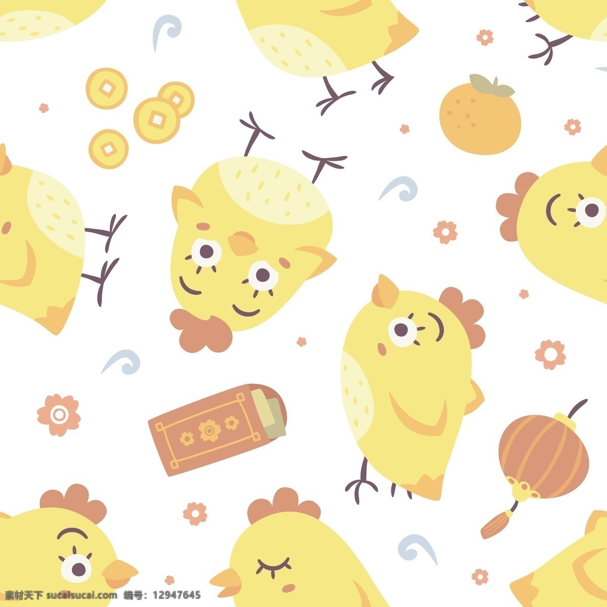 卡通 鸡年 q 版 小鸡 仔 填充 背景 黄色小鸡 扁平化素材 矢量素材 卡通背景 卡通鸡 母鸡 小黄鸡 鸡 十二生肖