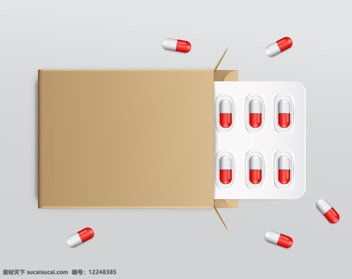 牛皮 纸盒 里 红色 胶囊 铝箔 板 包装 西药 散落的药物 铝箔板包装 西药包装 牛皮纸盒 药品 药物 医疗素材 医疗护理 药品包装设计 药品白模 包装设计