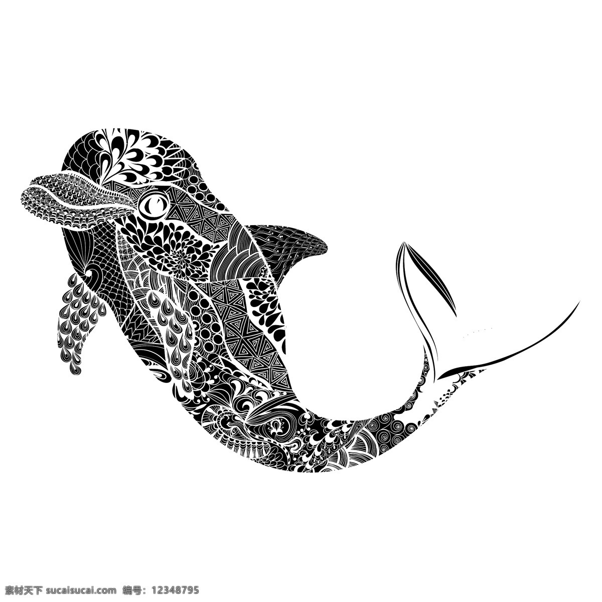 时尚 艺术 花纹 海豚 插画 动物 海洋