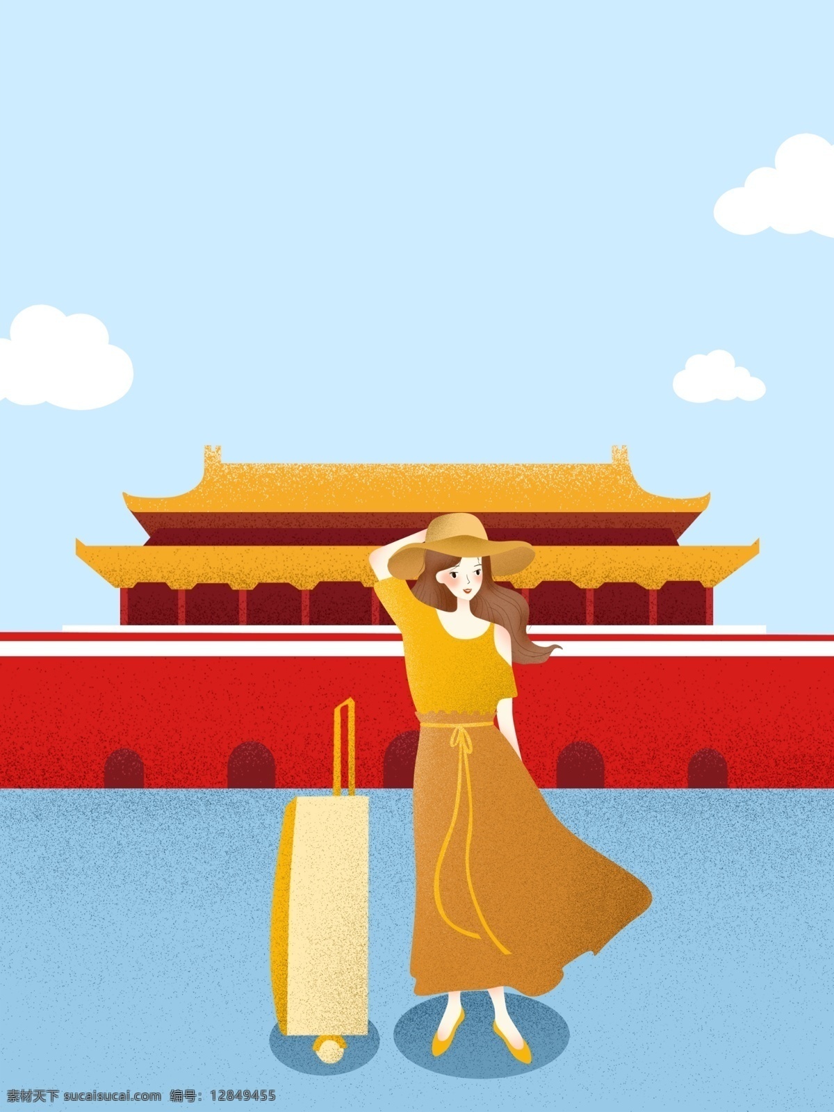 出游 少女 广告 背景 广告背景 蓝色背景 行李箱 天安门 景点 手绘 游玩