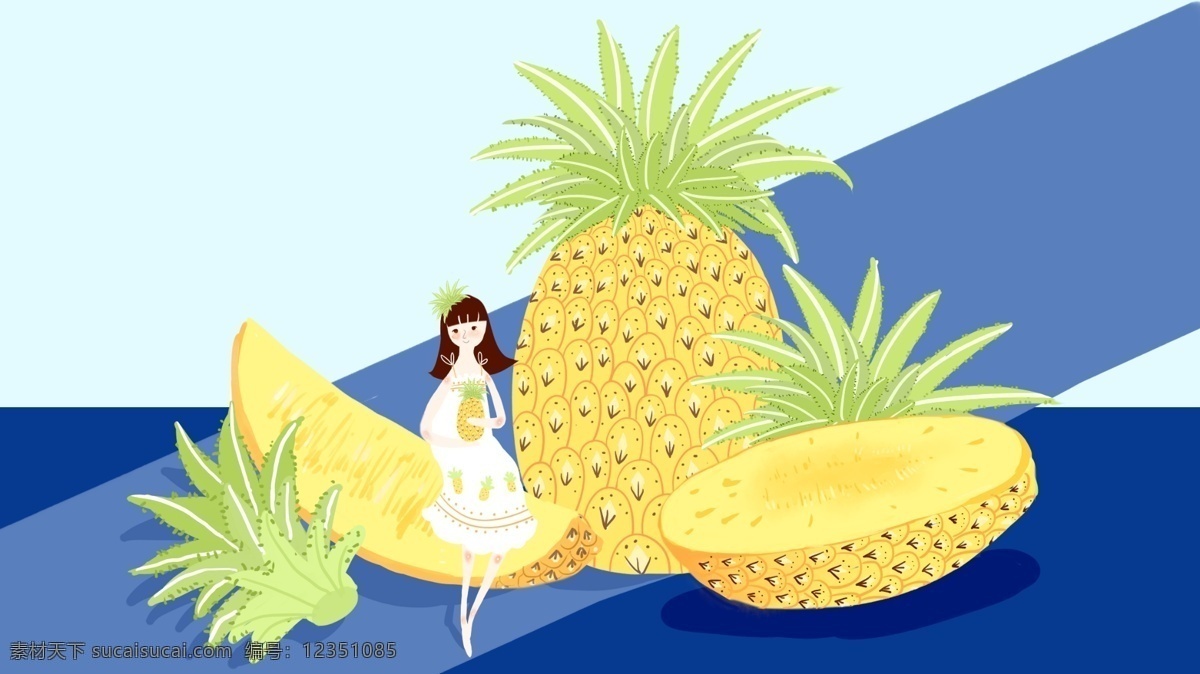 原创 小 清新 水果 系列 菠萝 女孩 壁纸 简约 小清新 黄色 配图 背景 小清新包装