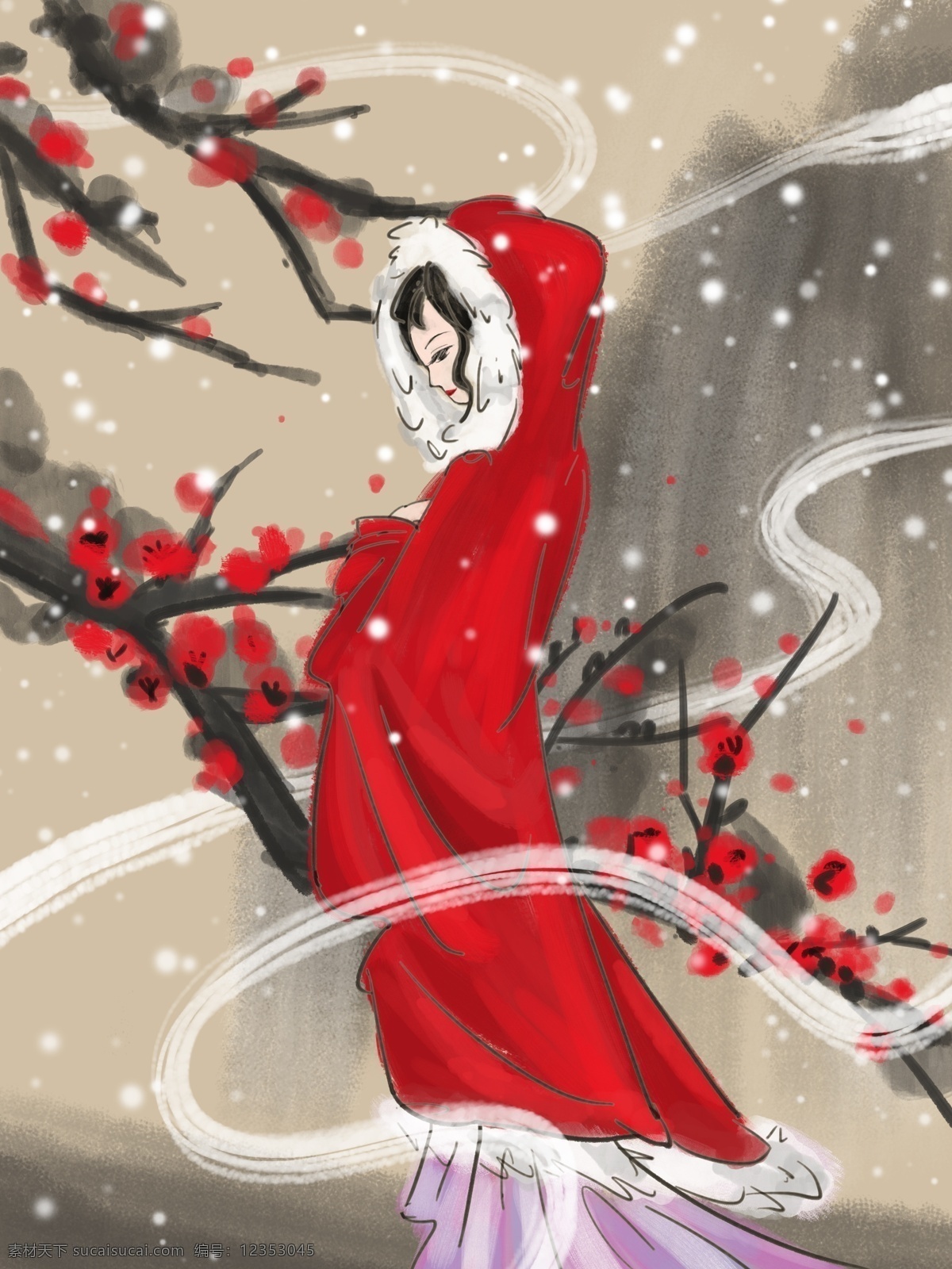 唯美踏雪寻梅 手绘美女 古代女子 古装 古风美女 红梅 梅花 寒梅 踏雪寻梅 雪景 霜降 孤独 白露 白露时节 一袭红衣 红衣 红楼梦 林黛玉 二十四节气 冬天 冰天雪地 雪地 冬雪 冬季 寒冬时节 水墨山水 花枝 树木 中国风 水墨 红披风 山 雪天 赏雪 风景 唯美插画 唯美 小清新 手绘 插画 写意 治愈系