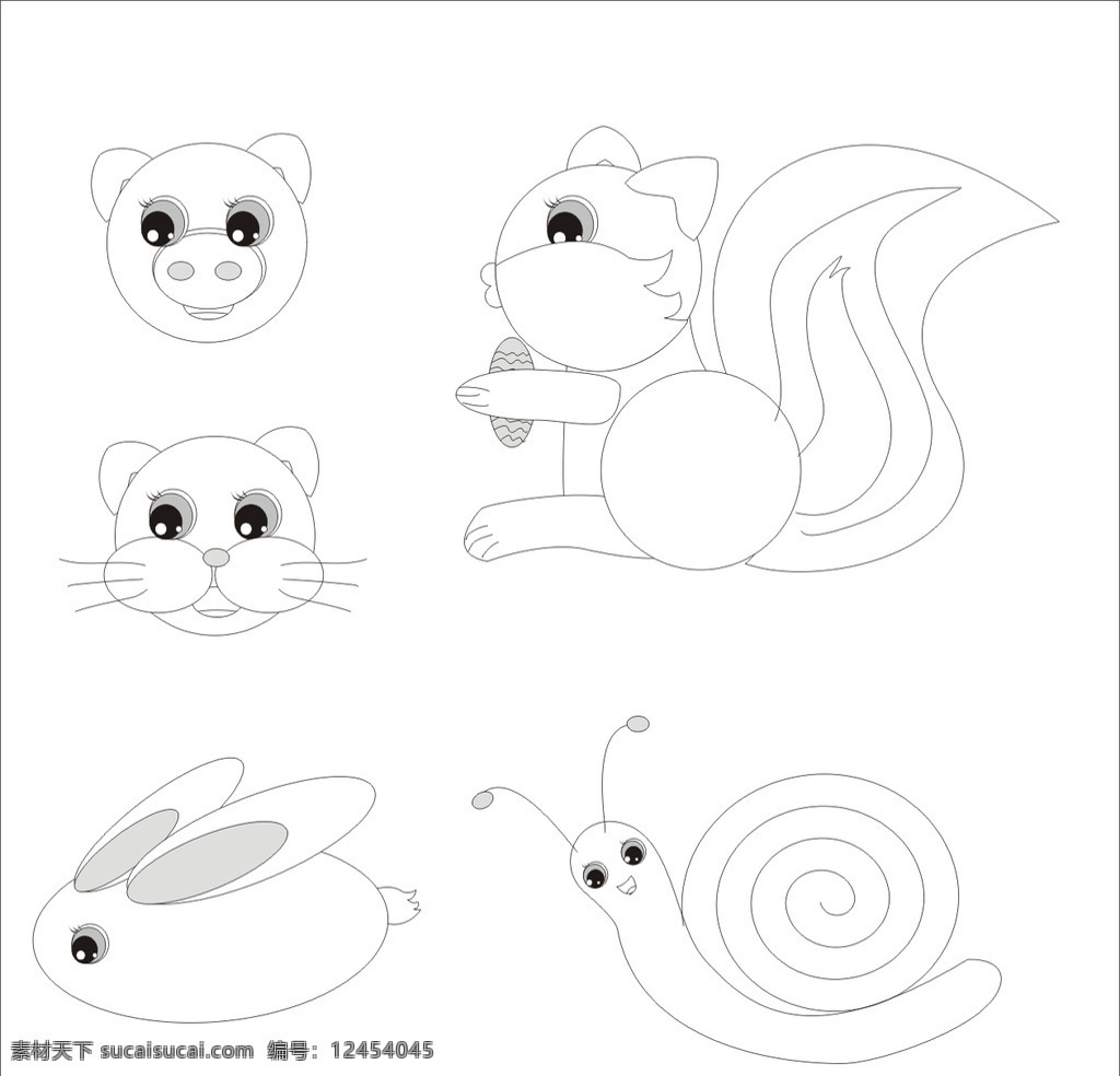 卡通 手绘 动物 头像 可爱 猪 松鼠 猫咪 兔子 蜗牛 线条 儿童画 卡哇伊 线稿