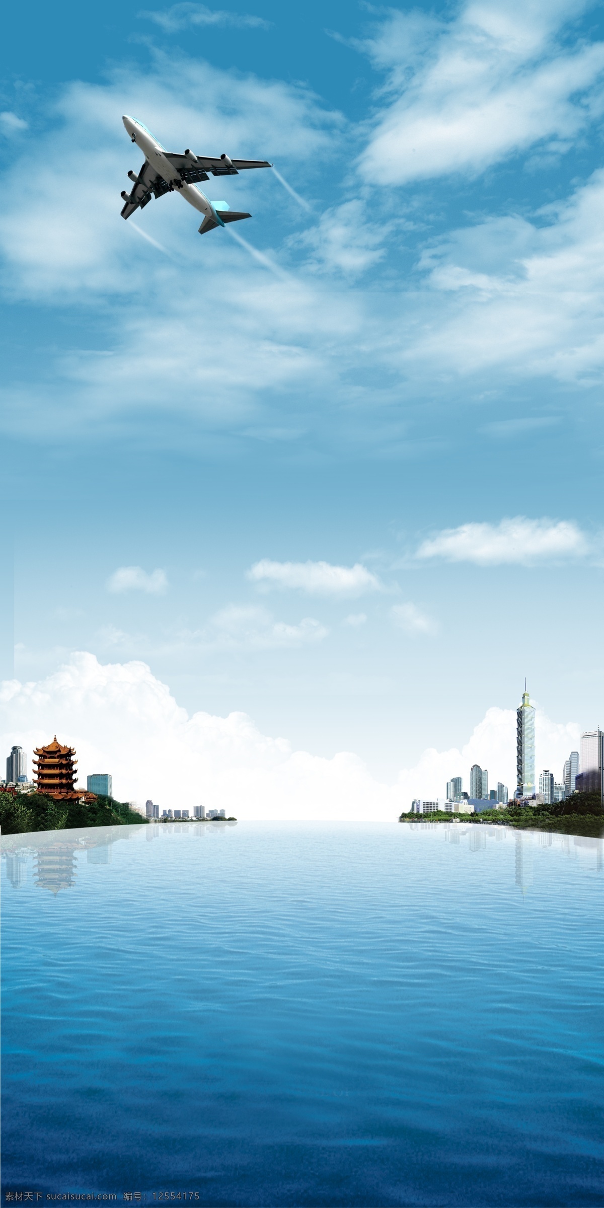 海峡两岸合成 海峡两岸 大海 台湾 大陆 黄鹤楼 天空 广告设计模板 源文件