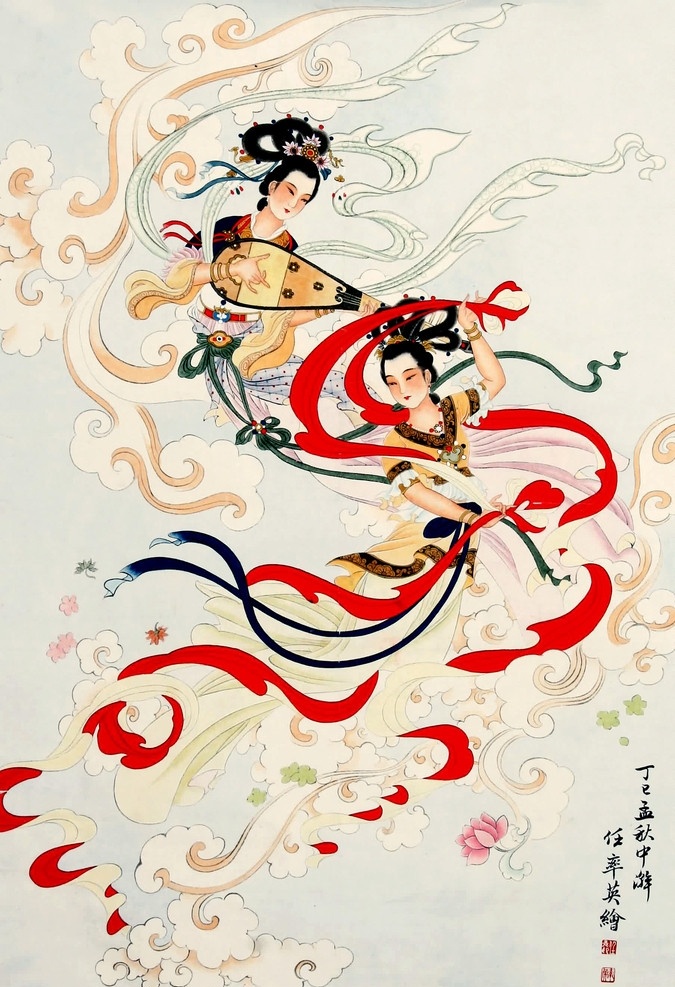 神话仙女 美术 绘画 中国画 工笔重彩画 彩墨画 古代仕女 神话 仙女 乐器 青春 漂亮 美丽 发型 服饰 动作 表情 云彩 舞蹈 国画艺术 工笔画 仕女 集锦 绘画书法 文化艺术