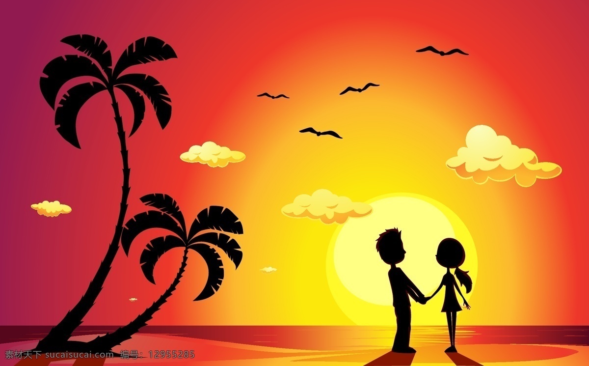 黄昏 下 牵手 情侣 黄昏美景 海滩 大海风景 日落 夕阳 椰树剪影 矢量 高清图片