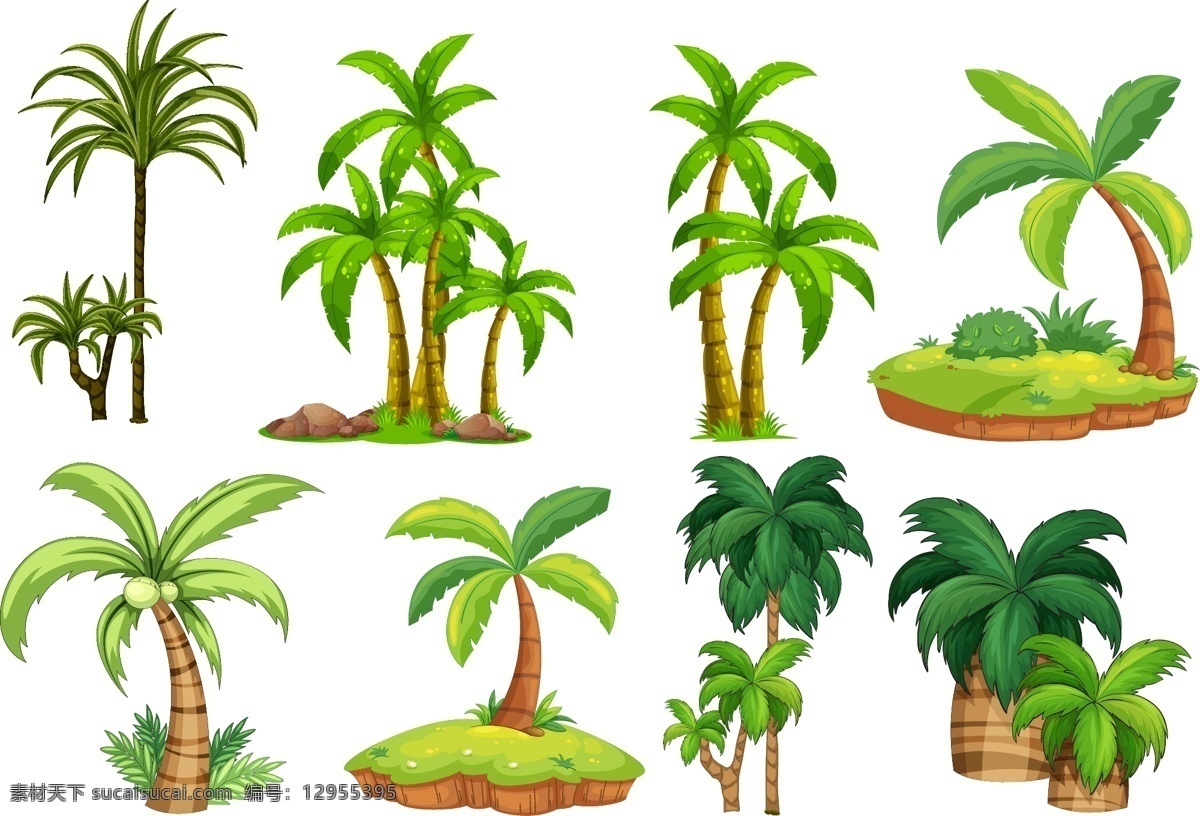 绿色 椰子树 椰子 岛屿 沙滩 矮椰子树 矢量 高清图片