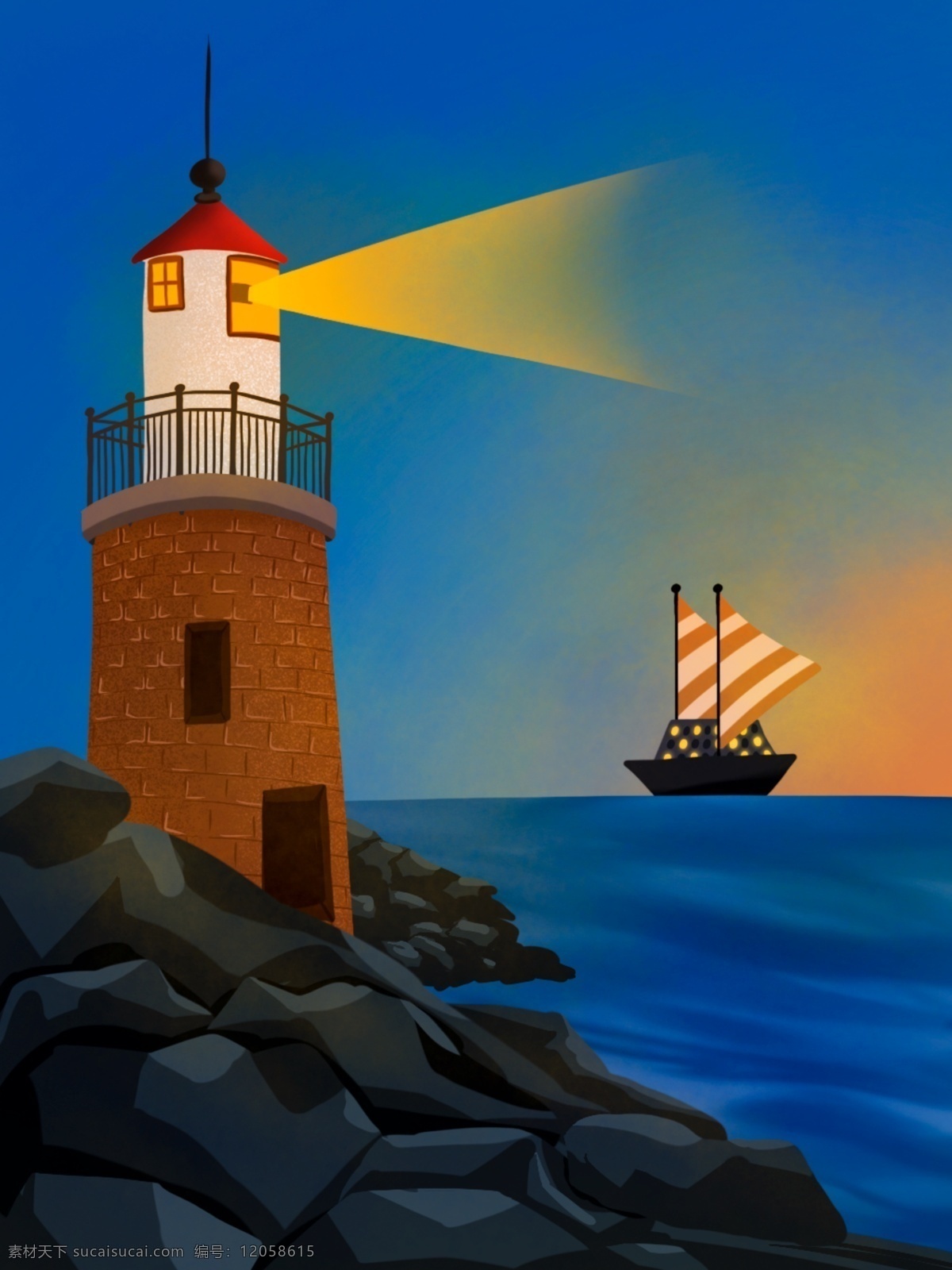 航海 系列 原创 背景 海边 灯塔 海洋 天空 小船 石头 手绘