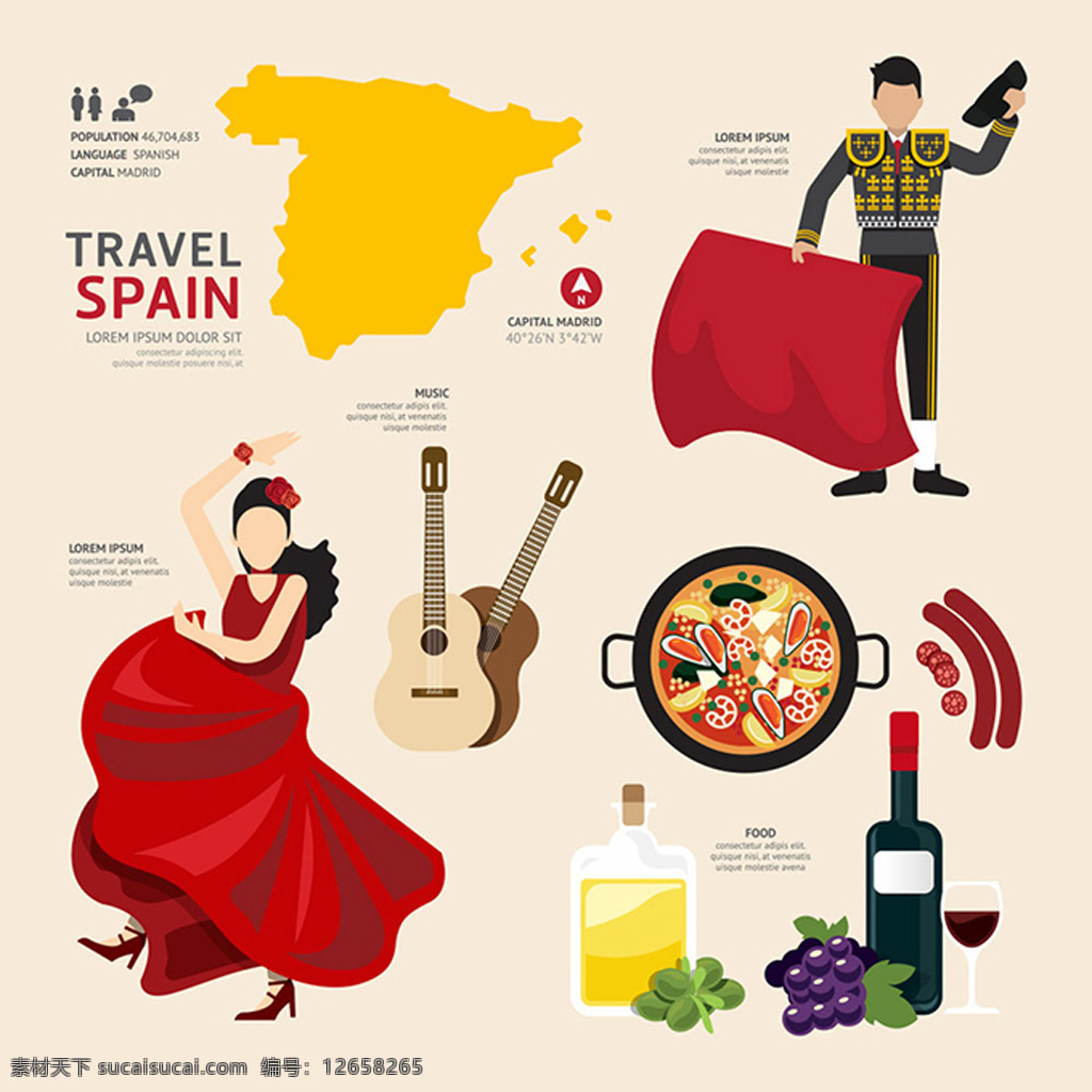 西班牙 文化 元素 矢量 比萨 音乐 葡萄酒 地图 红酒 舞蹈 斗牛 白色