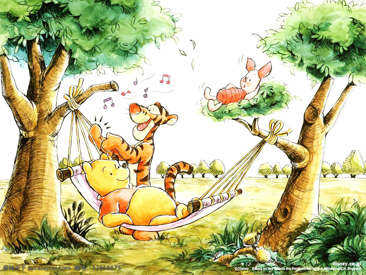 人物 熊 小熊 小熊维尼 维尼 大自然 树木 吊床 老虎 小猪 卡通 卡通画 舒服 和谐 自然 动漫人物 动漫动画