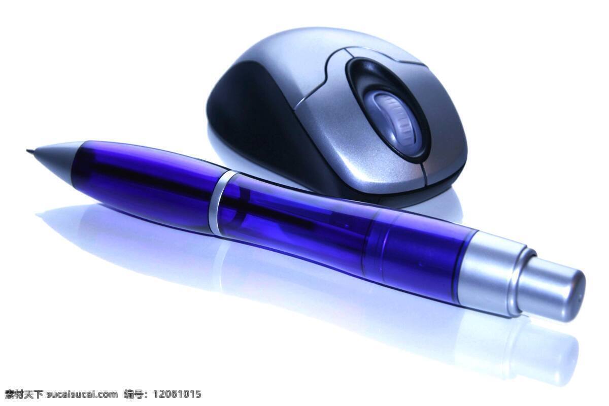 鼠标和蓝笔 老鼠 笔 电脑 互联网 蓝色 白色背景 技术 无线 商务金融 商务素材