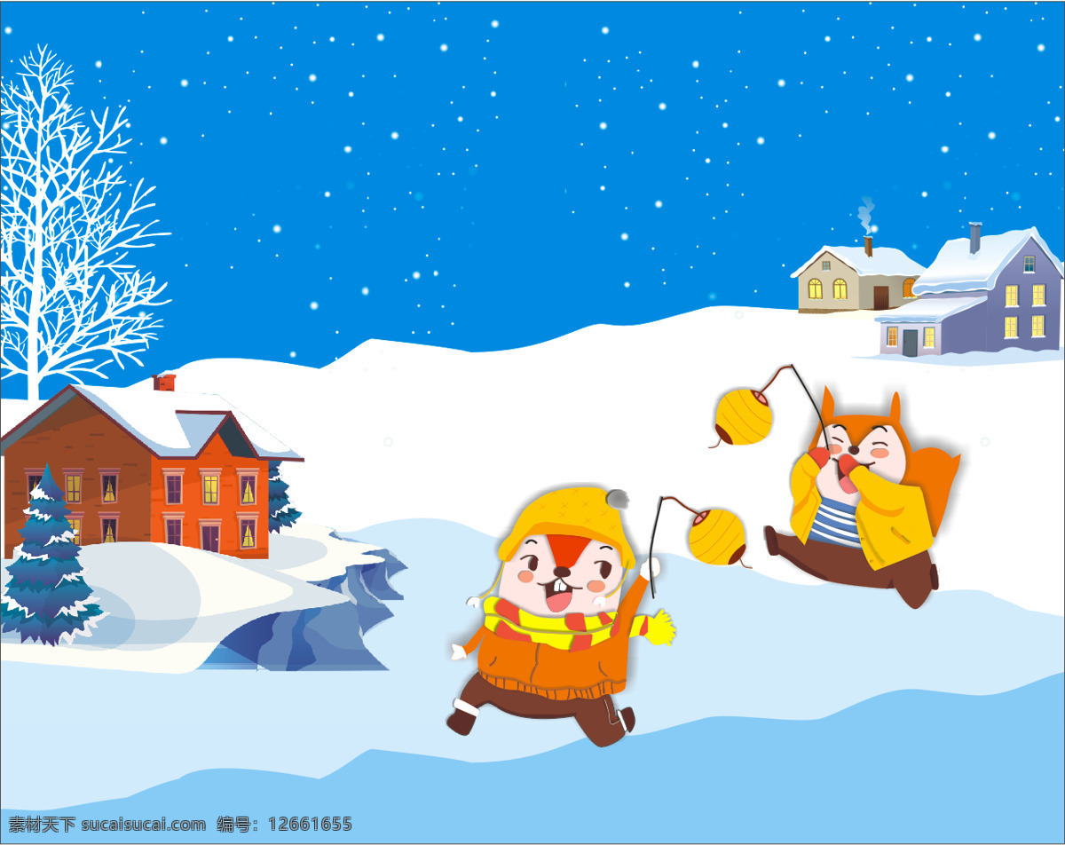 冬天 卡通 房子 松鼠 过年 灯笼 卡通房子 雪天 松鼠漫画 松鼠过年