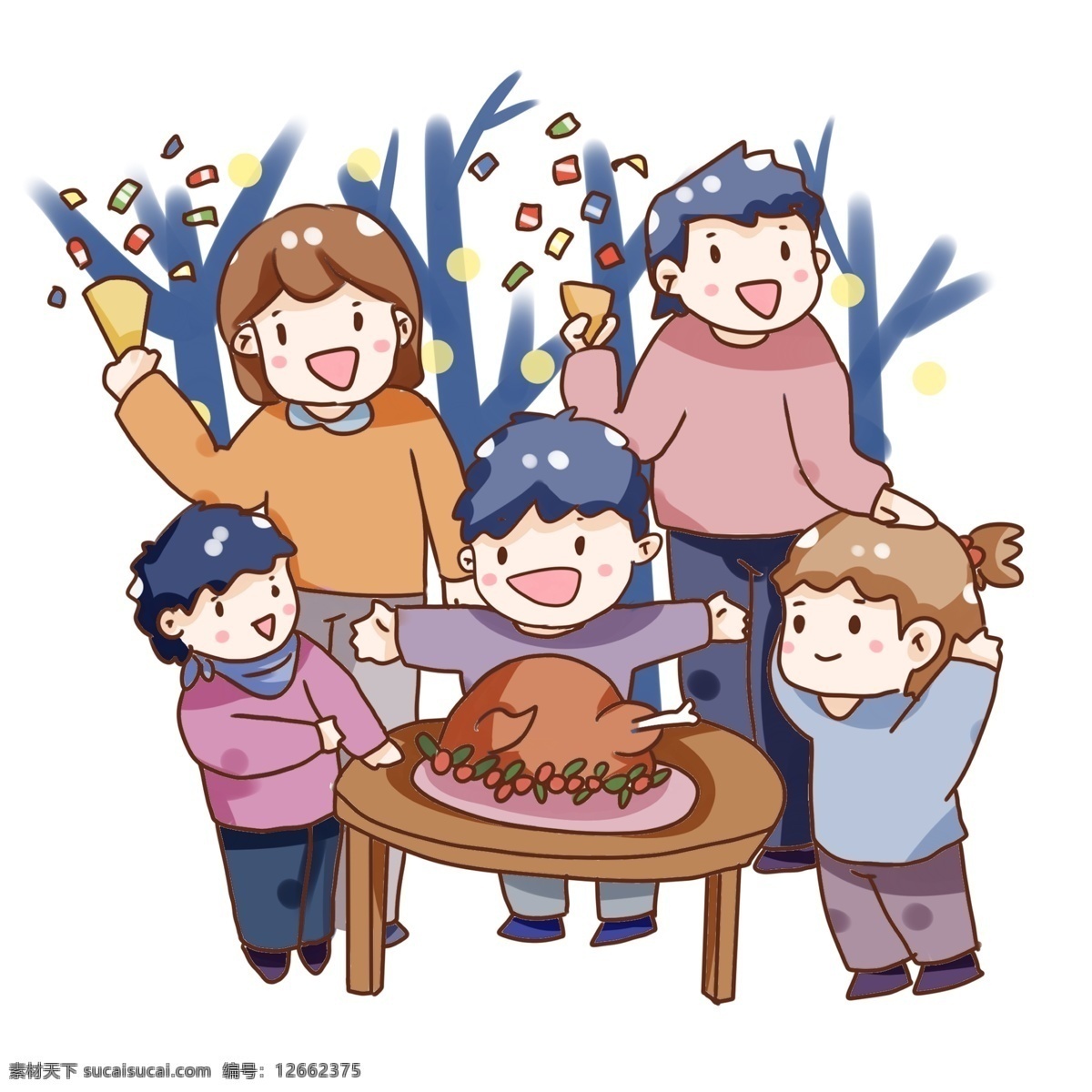 手绘 卡通 感恩节 吃 火鸡 手绘卡通 吃火鸡 团聚 一家人 欢聚 过节 感恩父母 装饰图案 手绘q版