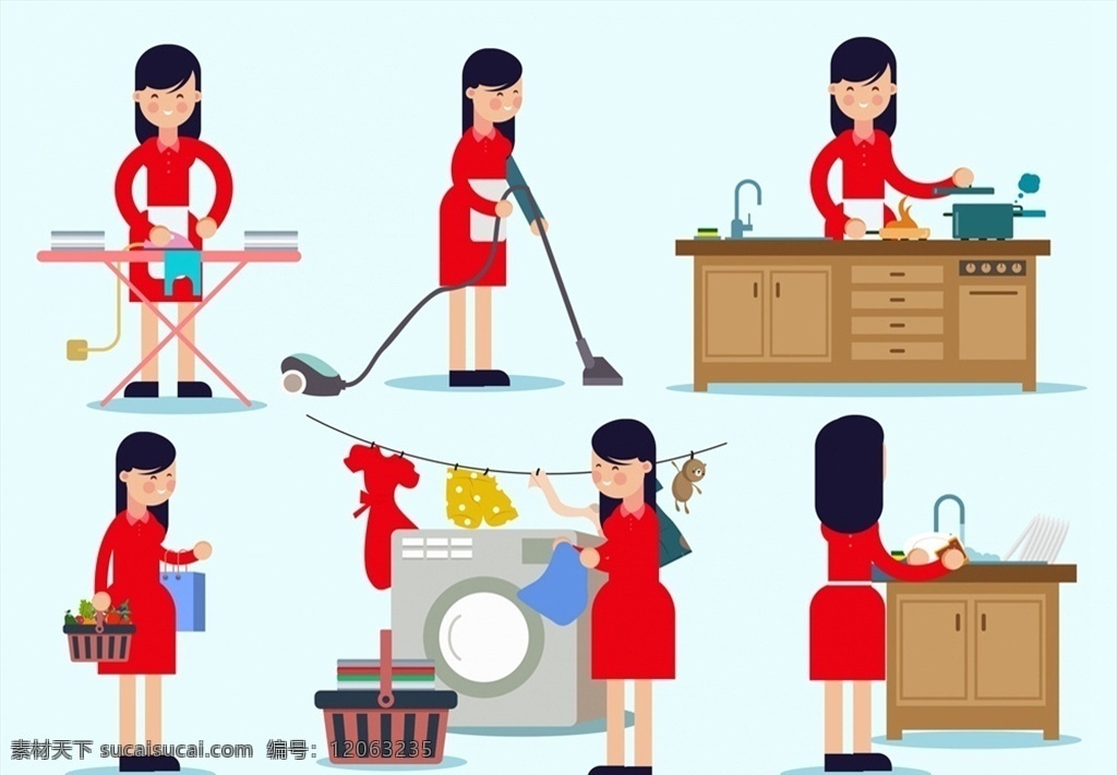 做 家务活 女子 桌子 熨衣服 衣服 打扫 清洁 矢量 高清图片
