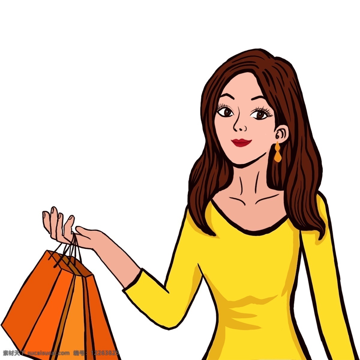 卡通 时尚 女生 购物袋 原创 元素 商场 购物 黄色 设计元素 女士 美丽 原创元素