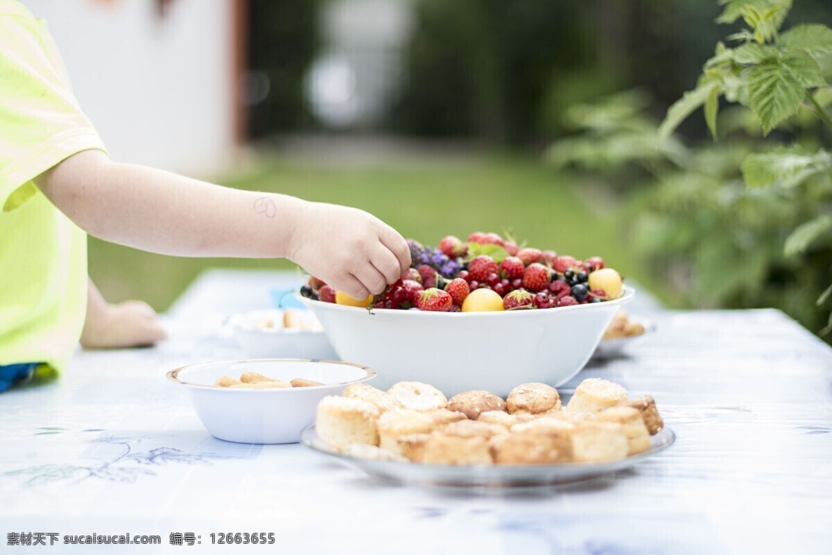 水果 甜点 点心 野餐 户外 西点 桌子 儿童 手臂 维生素 自然 草莓 食物 健康 养生 生物世界