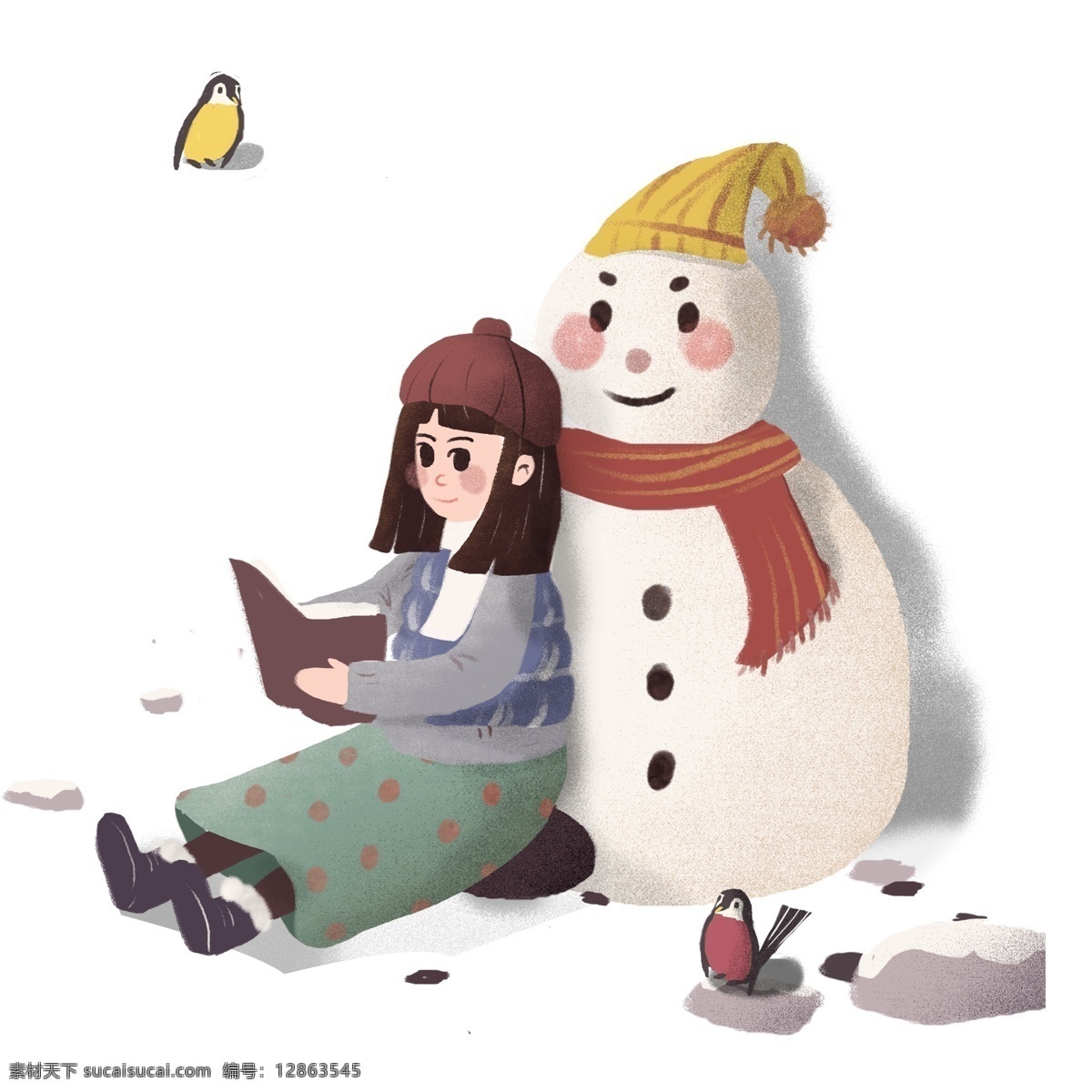 文艺 清新 靠着 雪人 看书 女孩 插画 冬季 人物 手绘设计