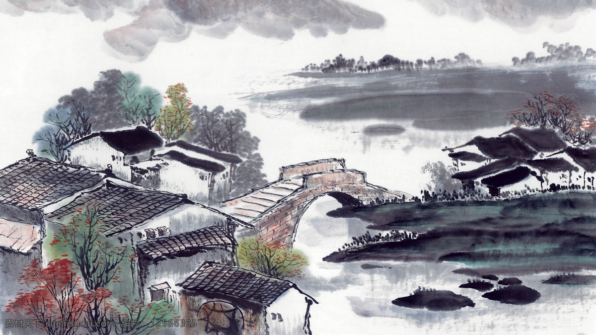 丹青水墨画 丹青 水墨画 古代 传统 水墨 山水 桥 房屋 建筑 绘画 艺术 绘画书法 文化艺术