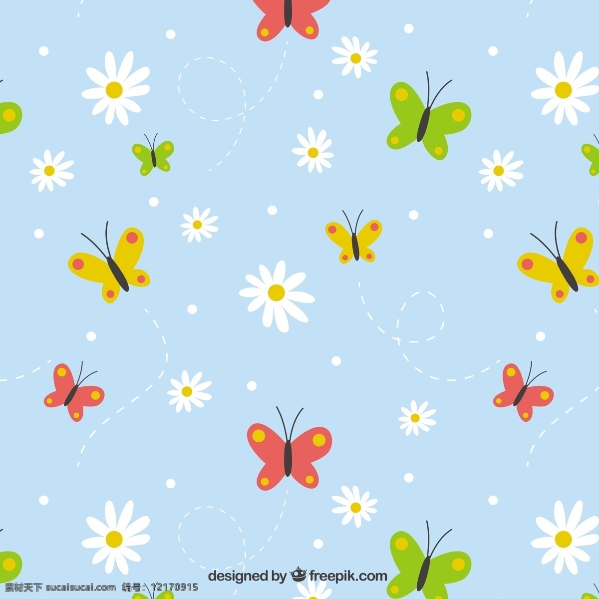 手绘 图案 雏 菊 彩色 蝴蝶 背景 花卉 手 自然 花卉背景 动物 花卉图案 颜色 装饰 丰富多彩 无缝模式 自然背景